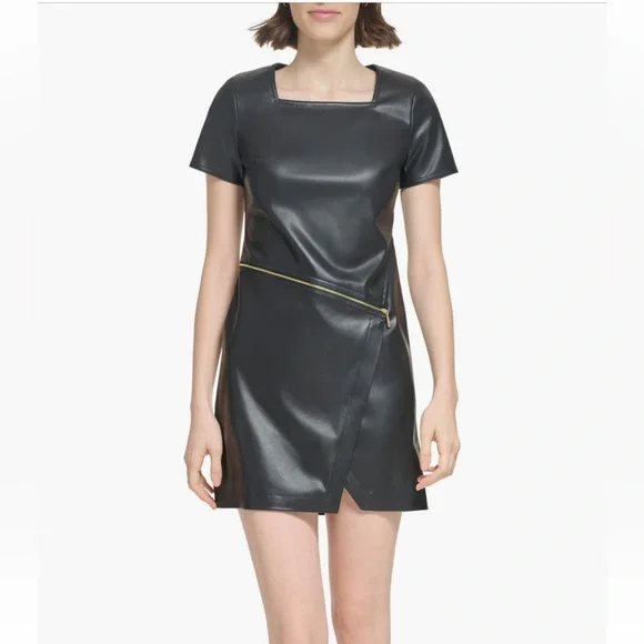 green emerald velvet dress Calvin Klein Faux Leather Short Sheath Dress with Short Sleeves Black 2 at  Amazon Women's Clothing store